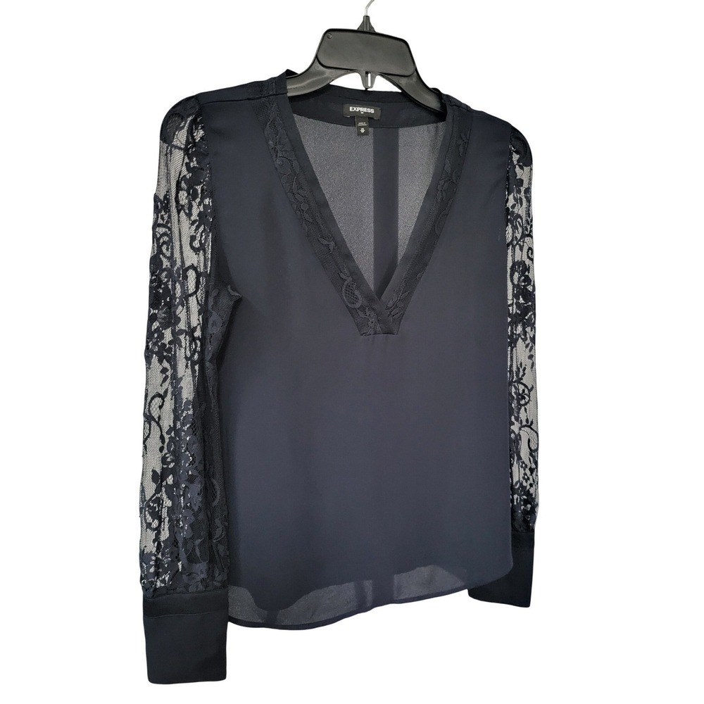 Express Black Lace Sleeve V Neck Sheer Blouse Top Women's Size 6